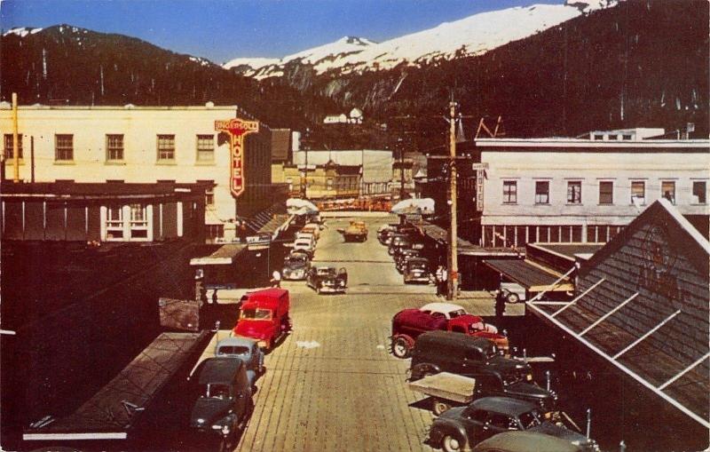 Ketchikan Alaska~Ingersol Hotel~Downtown~1940-50s Cars~Trucks~1950s Postcard