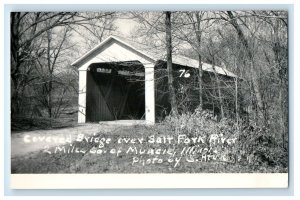 c1940's Covered Bridge Over Salt Fork River Muncie IL RPPC Photo Postcard