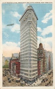 c1920 Birds Eye View Flatiron Building Biplane Airplane Trolley People NYC P172 