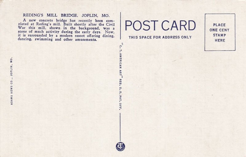 Reding's Mill Bridge Joplin Missouri MO Postcard N29
