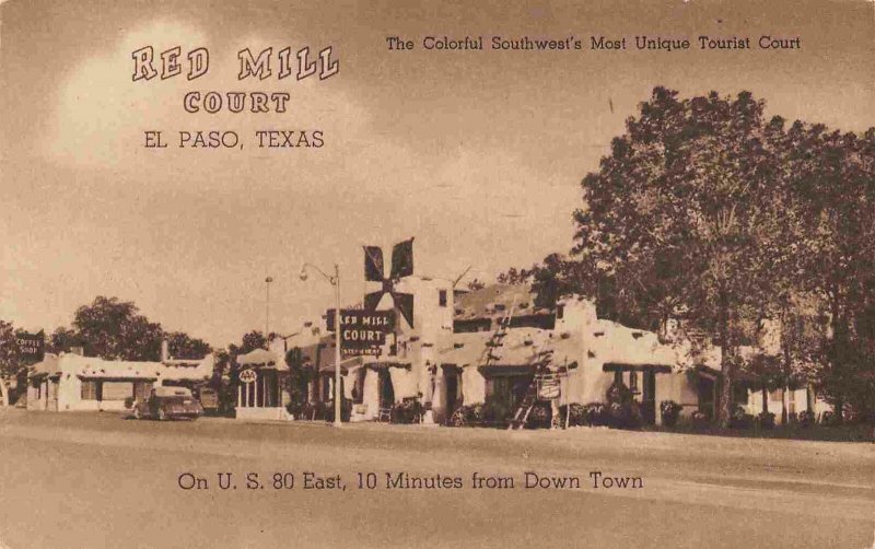 Red Mill Court Motel US 80 El Paso Texas 1940s sepia postcard