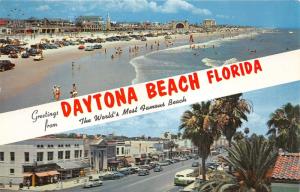 Daytona Beach Florida~2 Views~Beach Scene~Street View~Bus~Classic Cars~1950s Pc