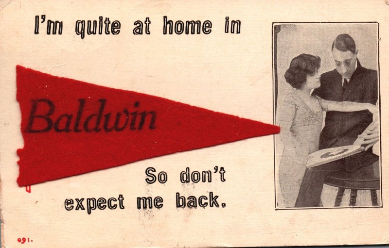 Vintage Postcard 1913 Lovers Couple Quite At Home At Baldwin Red Felt Pennant GA