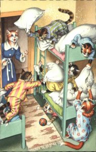 Fantasy Dressed Animals Cats Bunkbeds Pillow Fight Mainzer Vintage Postcard
