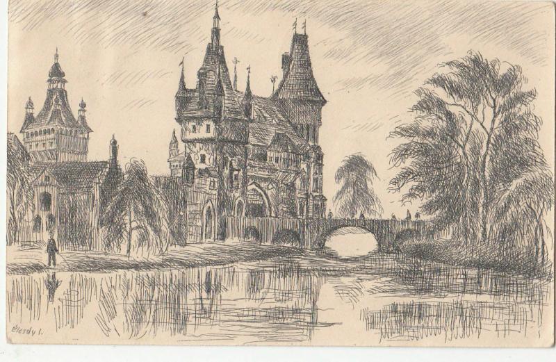 Hungary Budapest Castle Vajdahunyad drawn postcard artist Elesdy I.