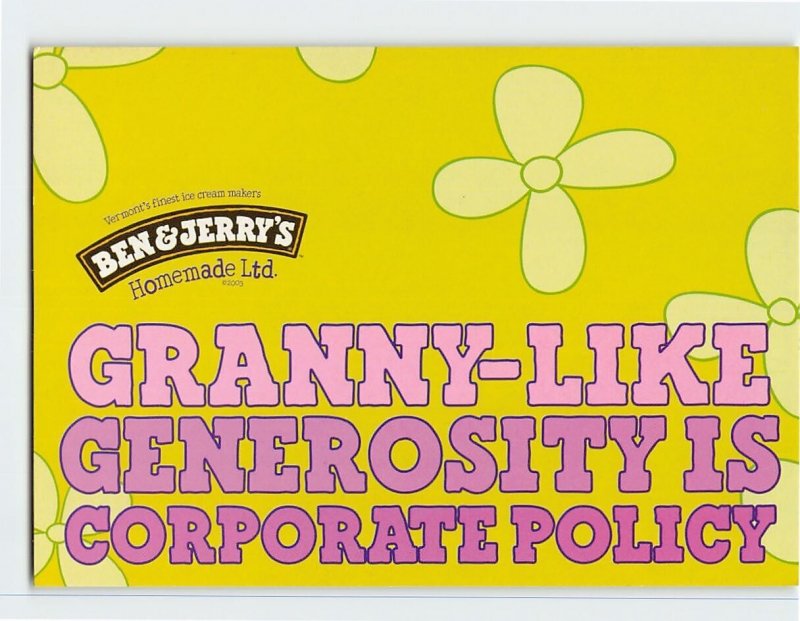Postcard Granny-Like Generosity Is Corporate Policy, Ben & Jerry's, Vermont