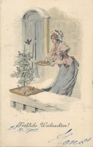 Christmas tree fantasy woman feeding birds Frohliche Weihnachten 1902 greeting 