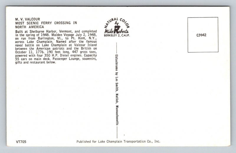MV  Valcour  Shelburne Harbor  Vermont   Postcard