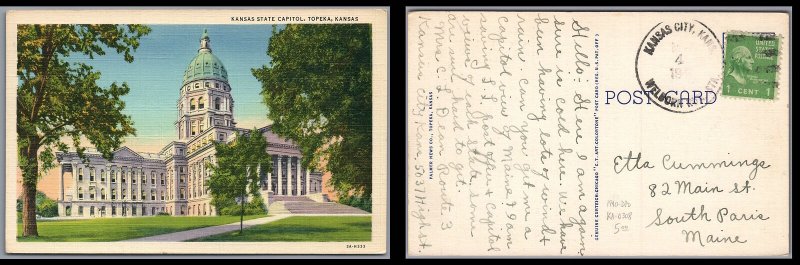 ABRO 1940 Vintage STATE Capitol Topeka Kansas  Posted to South Paris Maine