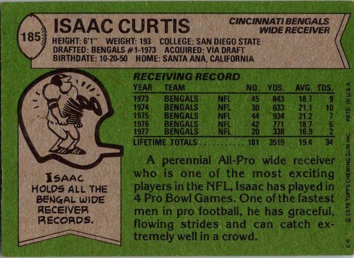 1978 Topps Football Card Isaac Curtis Cincinnati Bengals sk7051