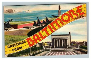 Vintage 1930's Postcard Greetings From Baltimore Maryland - Military Cityscape