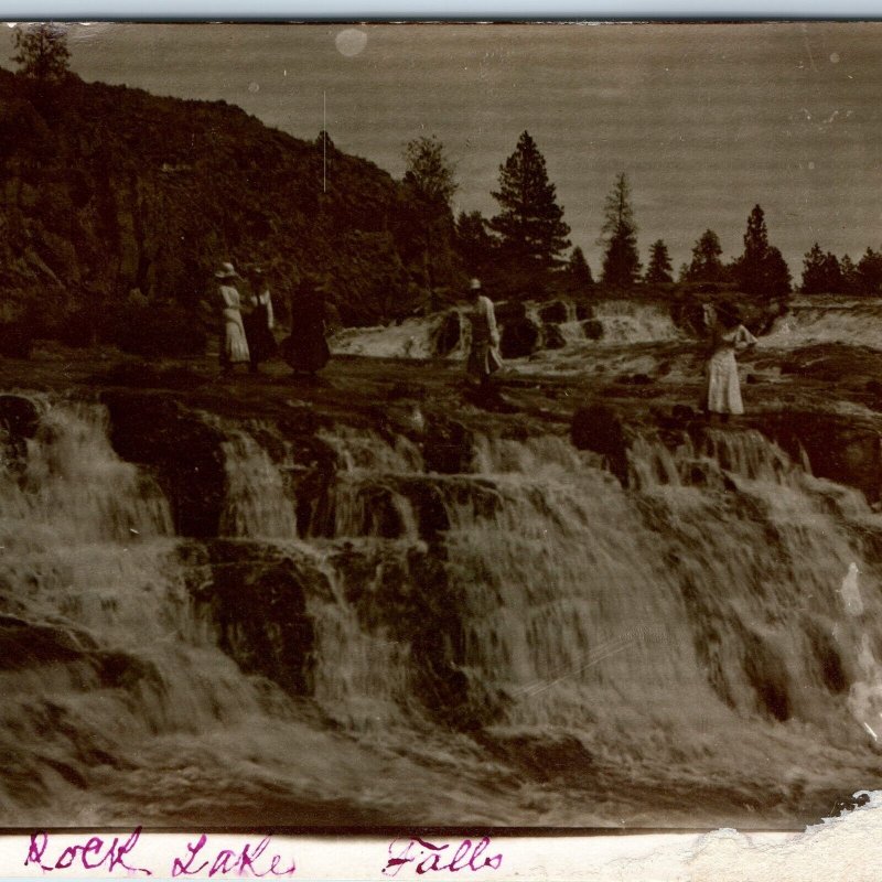 c1910s Beautiful Women on Rock Lake Falls RPPC Victorian Dress Waterfall A327