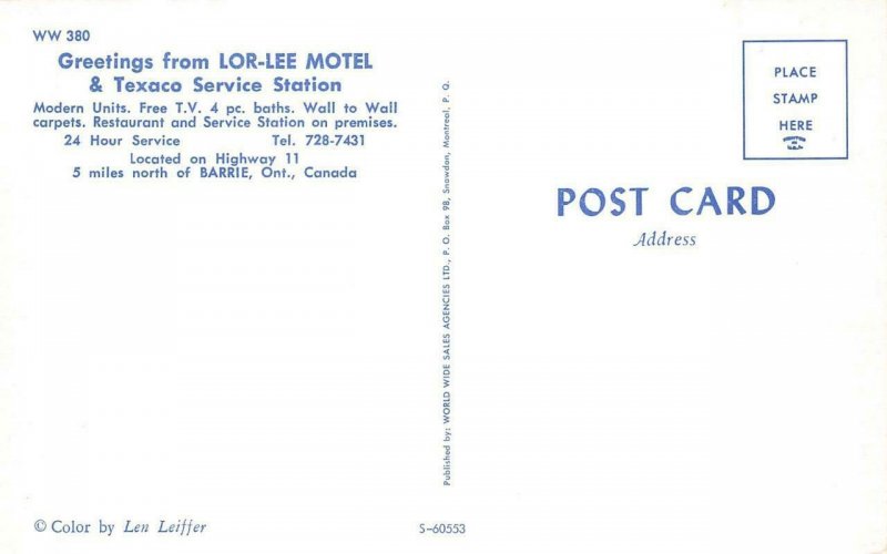 BARRIE, Ontario Canada  LOR-LEE MOTEL & Texaco Gas Station  ROADSIDE  Postcard
