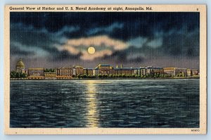 1940 Annapolis Maryland Postcard General View Harbor US Naval Academy Night