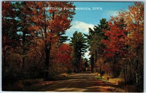 c1960s Monona, IA Iowa Greetings Road Vacationland Scene Autumn Trees PC A236