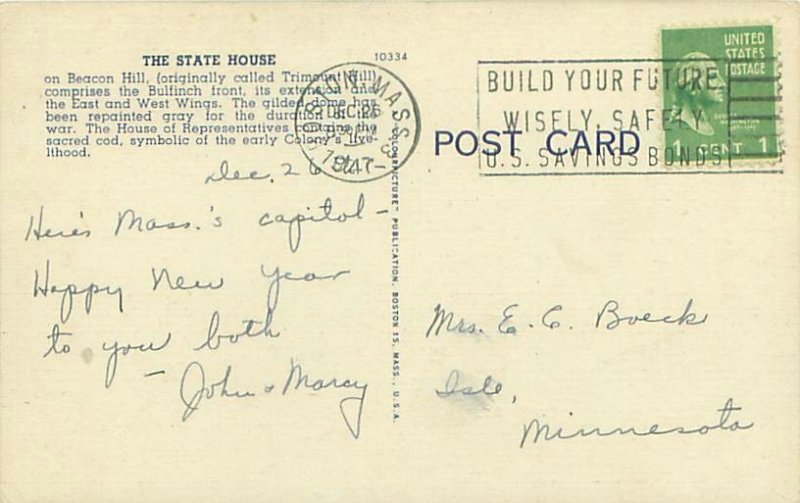 Boston Massachusetts  State House 1947 Linen Postcard