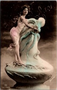 Tinted Photo of Beautiful Woman with Octopus Gerlach Vintage Postcard Z27