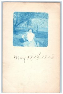 1908 Candid Cyanotype Woman Sheep Farm RPPC Photo Unposted Postcard 