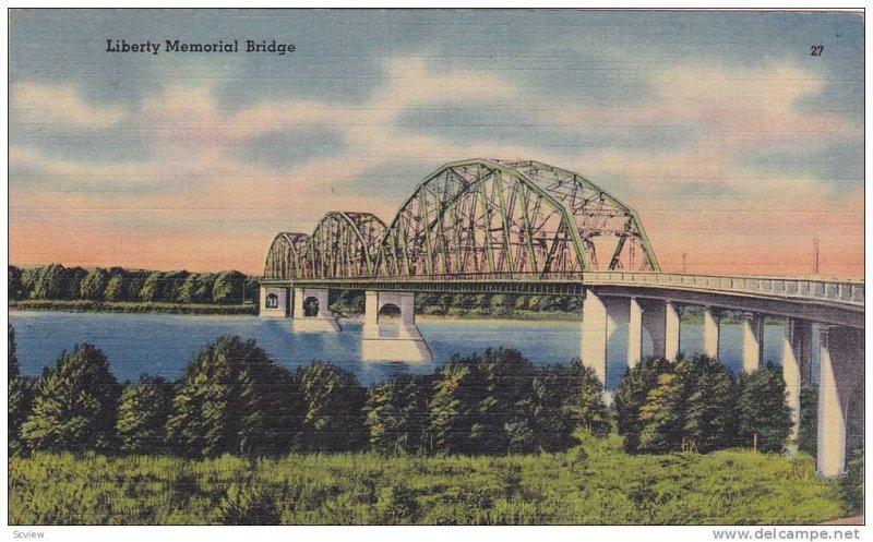 Scenic view, Liberty Memorial Bridge spans the big Missouri River,U.S. Hwy 10...