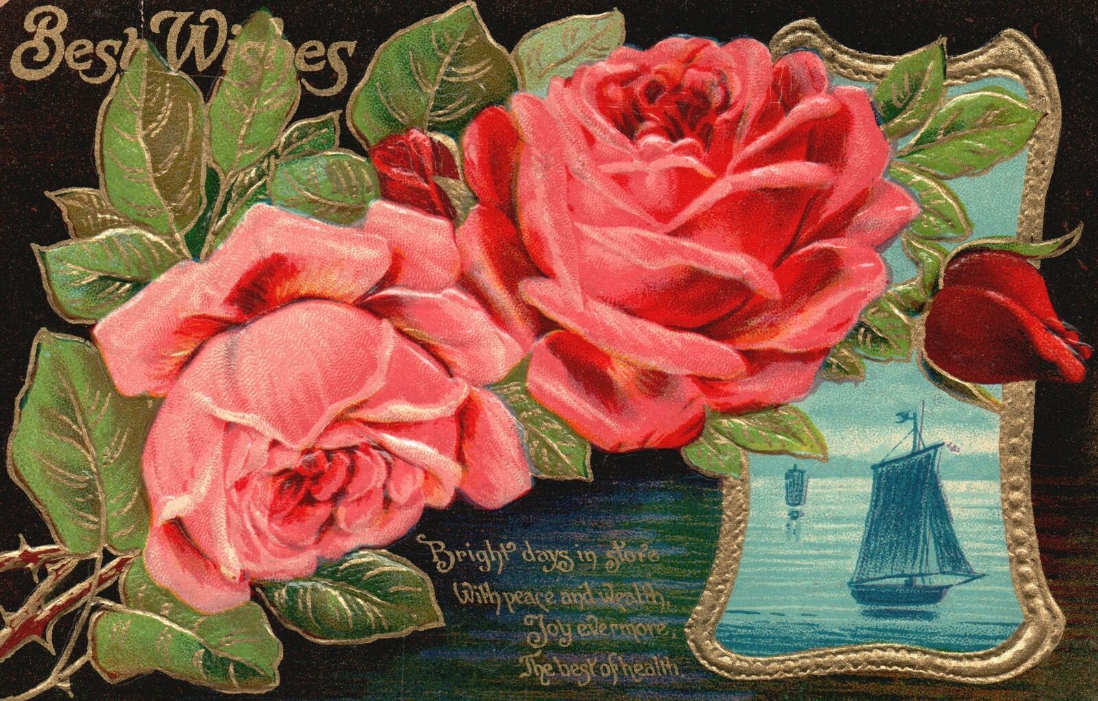 Vintage Postcard Best Wishes Red Rose Flowers Bright Days In Store With