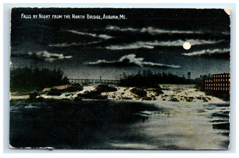 Postcard Falls by Night from the North Bridge, Auburn ME Maine 1920 G36