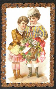 Handmade Young Boy & Girl w/Flowers Beautiful Border Postcard