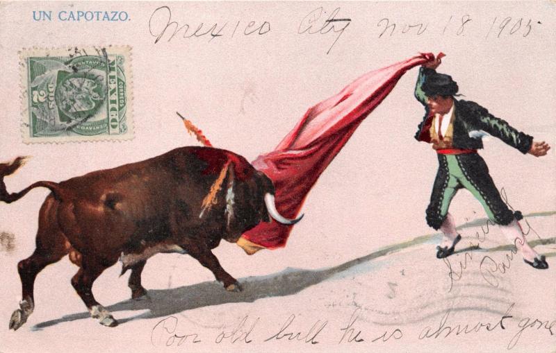 MEXICO CITY UN CAPOTAZO ( TWO HANDED PASS ) BULLFIGHT MATADOR POSTCARD 1905