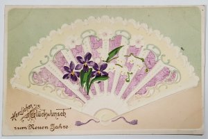 Greeting Herzlichen Gluckwunsch Silk Applique Diecut Fan Floral Postcard Z4