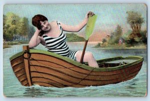 c1910's Postcard Woman Boating Stripped Swimsuit Unposted Antique