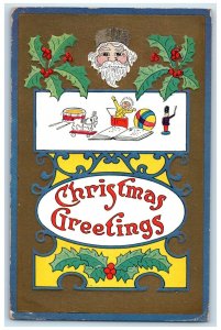 1909 Christmas Greetings Holly Berries Santa Toys Embossed Alpine CA Postcard