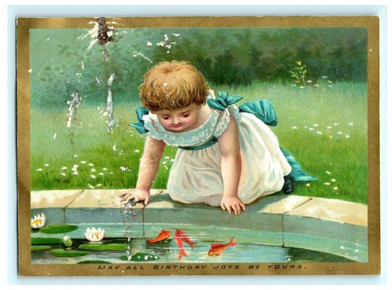 1880s Victorian Birthday Card Poem Adorable Child Goldfish Pond Lilies 7D