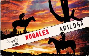 Howdy from Nogales Arizona AZ Cowboys Horses Cactus Unused Postcard H55