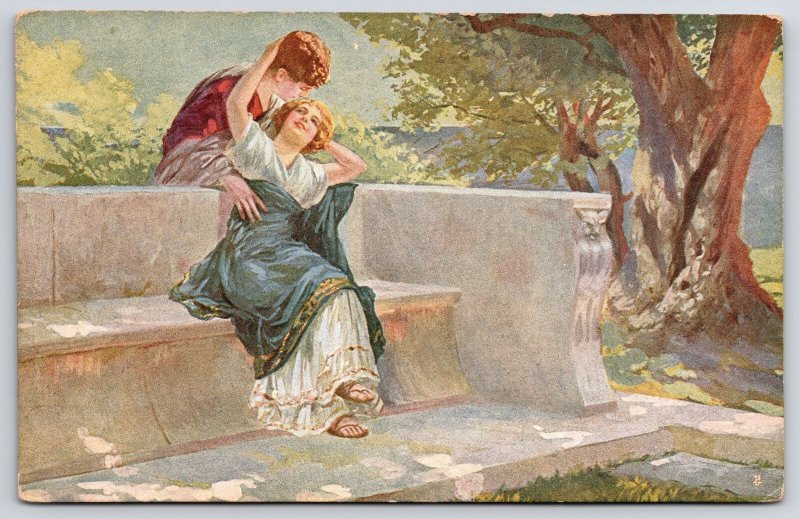 Vintage Postcard Beautiful Girl and Her Lover Boy Looking To Each Other Artwork