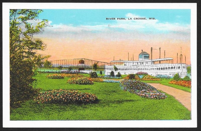 River Park & Large Ship La Crosse Wisconsin Unused c1920s