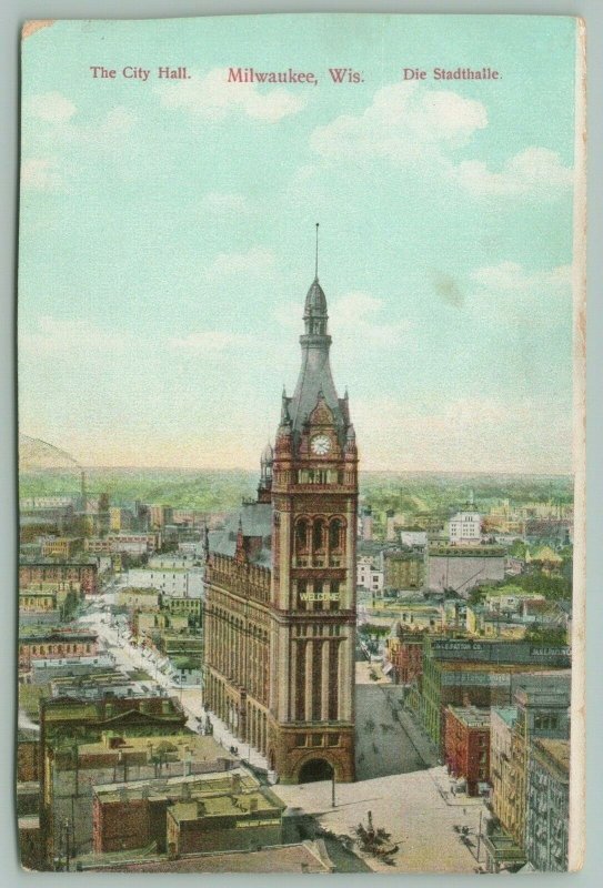 Milwaukee Wisconsin~The City Hall~Clock Tower~Main Street~Aerial View~c1904 PC 