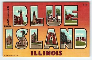 Greetings From Blue Island Illinois Large Letter Linen Postcard Curt Teich