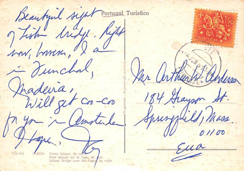 Portugal Old Vintage Antique Post Card Ponte Salazar, de Noite Lisboa 1968