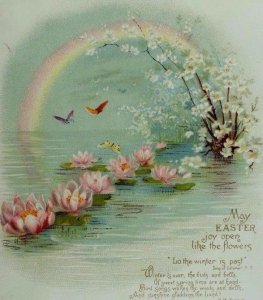 Victorian Easter Trade Card Rainbow Butterflies Poem Pink Water Lilies &C
