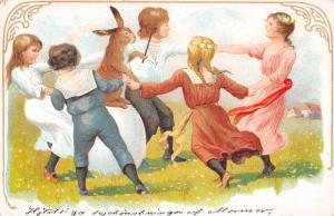 Children Dancing With Rabbit Greeting Antique Postcard K58851