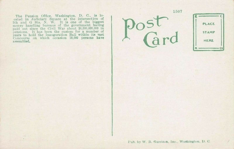 Pension Office, Washington, D.C., Early Postcard, Unused