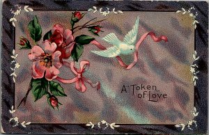 1909 VALENTINES WERNERSVILLE PA A TOKEN OF LOVE DOVE FLOWERS POSTCARD 26-223