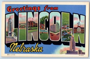 Lincoln Nebraska NE Postcard Large Letter Greetings Landmarks c1940's Vintage