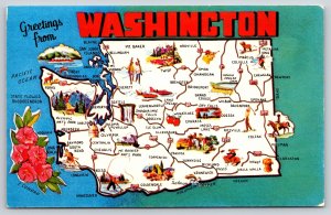 Maps~Pictorial Map of Washington & State Flower Rhododendron~Vintage Postcard