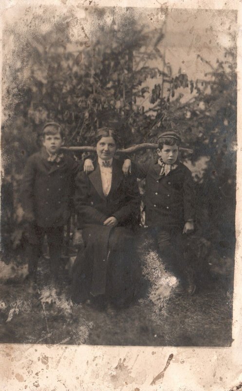 Mother With the Twin Brothers Photograph Park Place Bench Vintage Postcard