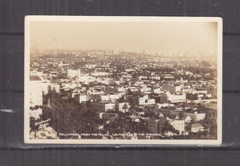 HOLLYWOOD FROM THE HILLS, LOS ANGELES IN THE DISTANCE, c1930 real photo ppc.