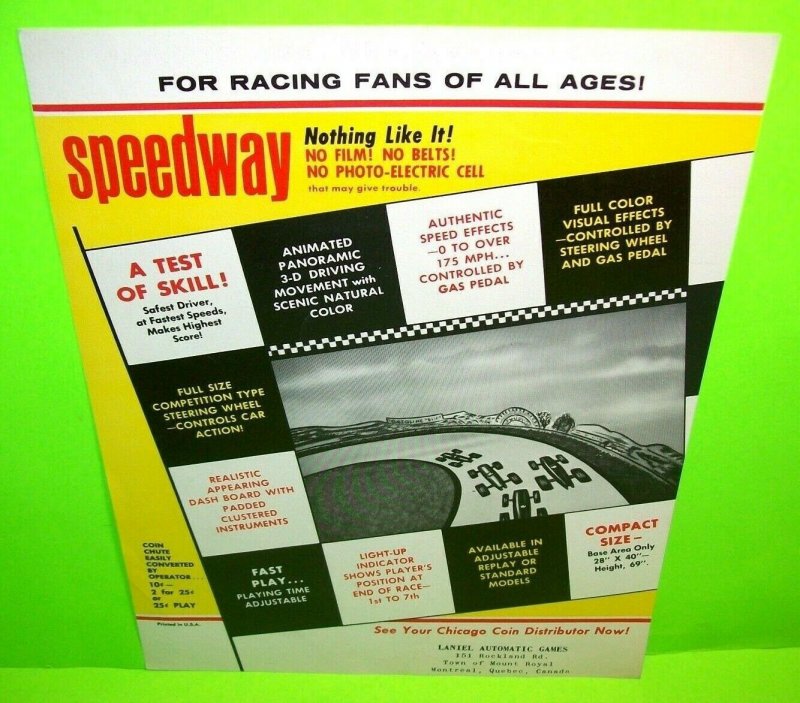 Speedway Arcade FLYER Chicago Coin Original 1969 Vintage Speed Race Driver