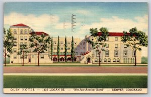 Denver Colorado~Olin Hotel Bldg Exterior View~PM 1950~Vintage Linen Postcard