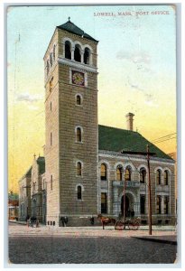 1908 Post Office Horse Buggy Clock Tower People Lowell Massachusetts MA Postcard