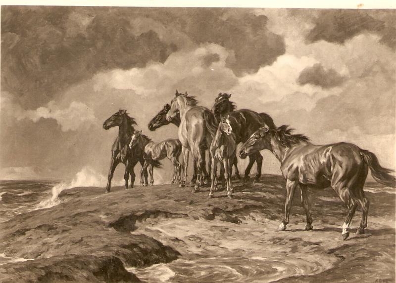 Alfred Roltoff. Horses. Von Wasser bedrangt Fine painting.German PC. Continent