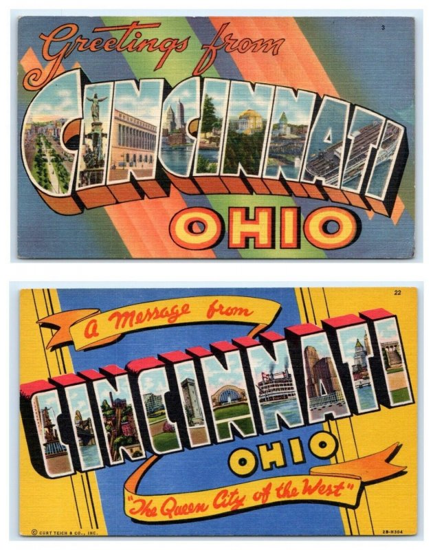 Set 2 Large Letter Linen CINCINNATI, OH Ohio 1949 Curteich Tichnor Postcards